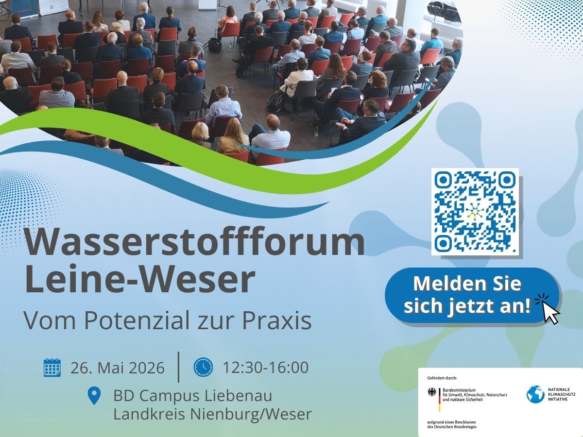 Einladung vom Wasserstoffnetzwerk Leine-Weser zum Wasserstoffforum Leine-Weser am 26. Mai 2026 in Liebenau