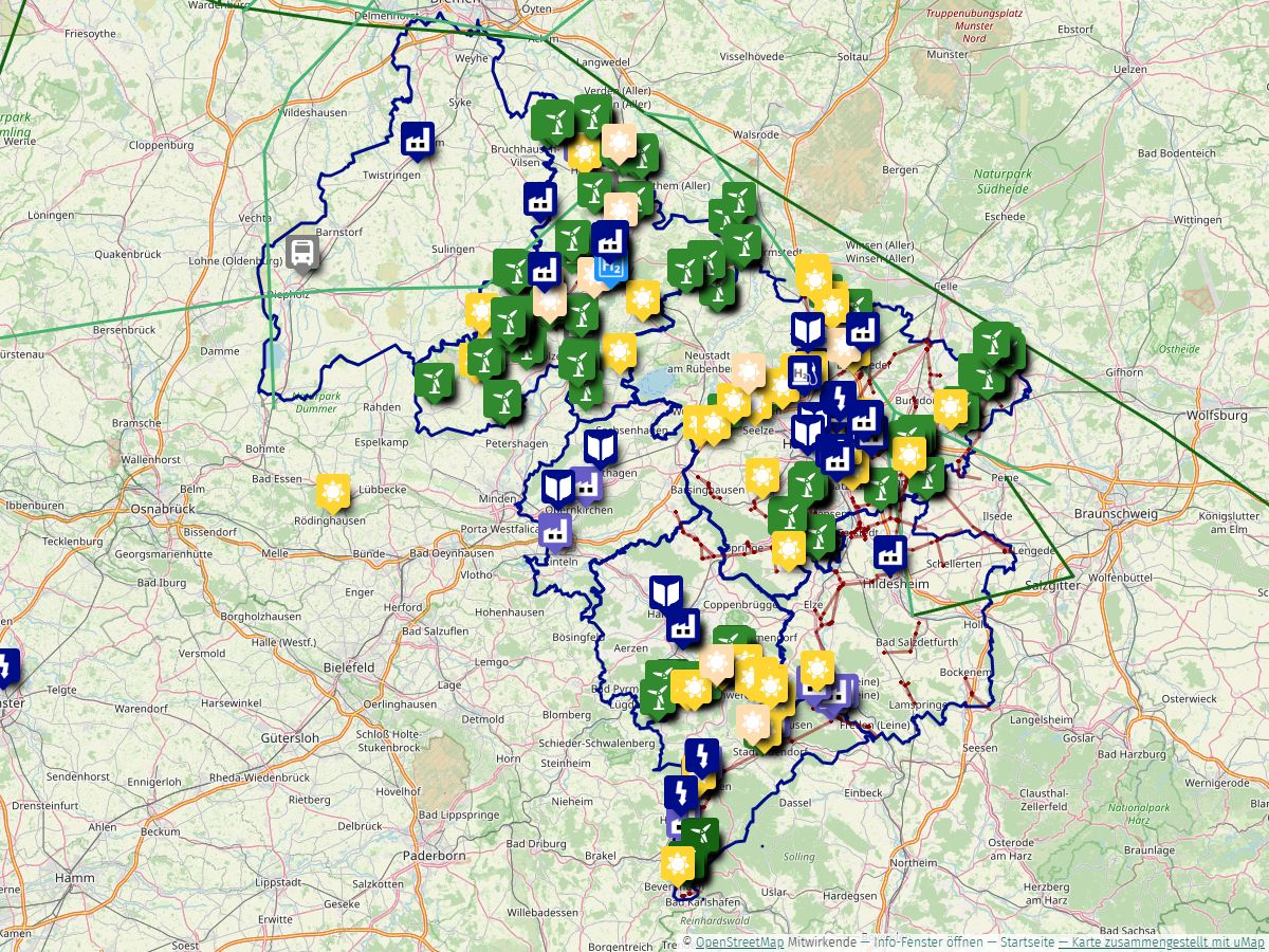 Bildausschnitt der Region Leine-Weser mit relevanten Icons